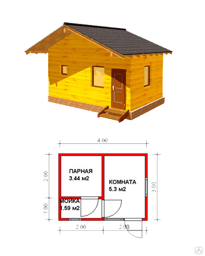 Баня из бруса проект 3 (4х5 с террасой)
