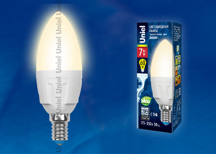 Лампа светодиодная LED-C37-7W/WW/E14/FR PLP01WH картон