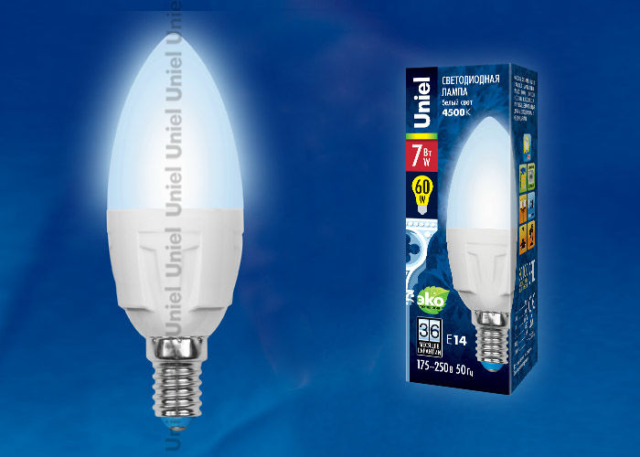 Лампа светодиодная LED-C37-7W/NW/E14/FR PLP01WH картон