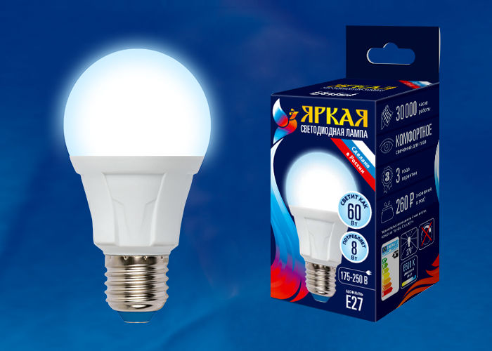 Лампы светодиодные LED-A60 8W/DW/E27/FR PLP01WH картон Uniel