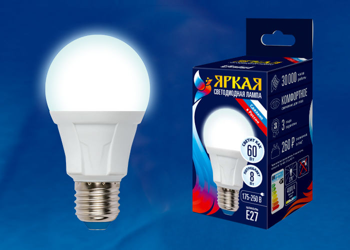 Лампы светодиодные LED-A60 8W/NW/E27/FR PLP01WH картон Uniel