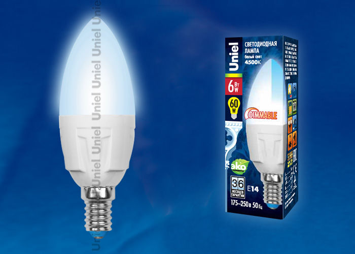 Лампа светодиодная LED-C37-6W/NW/E14/FR/DIM PLP01WH картон