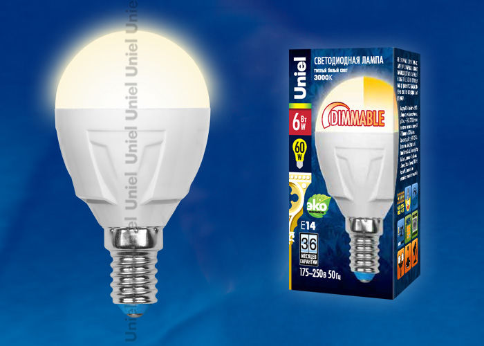 Лампа светодиодная LED-G45-6W/WW/E14/FR/DIM PLP01WH Uniel UL-00000694