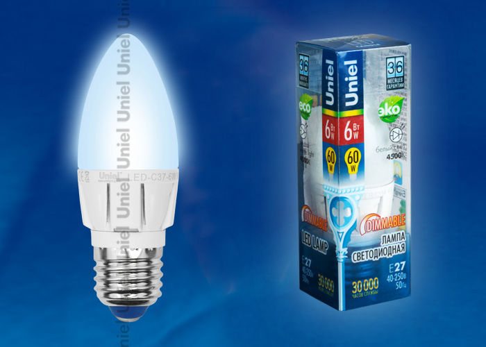 Лампа светодиодная LED-C37-6W/NW/E27/FR/DIM ALP01WH пластик