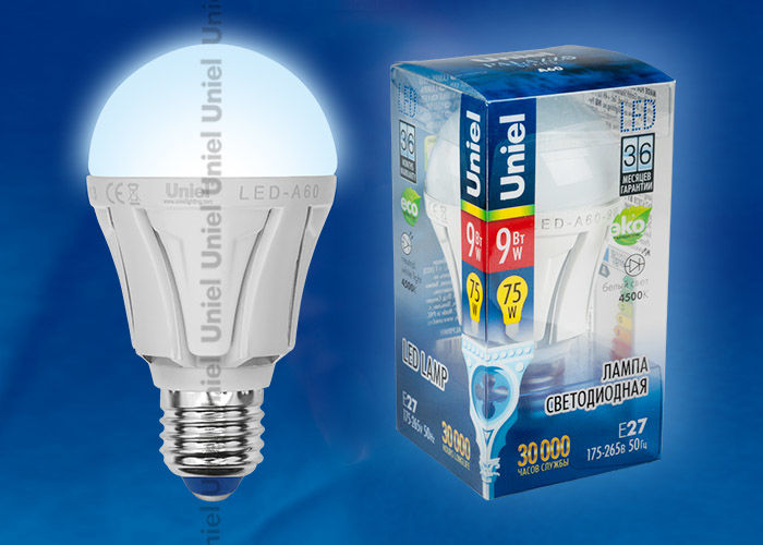 Лампа светодиодная LED-A60-9W/NW/E27/FR ALP01WH пластик