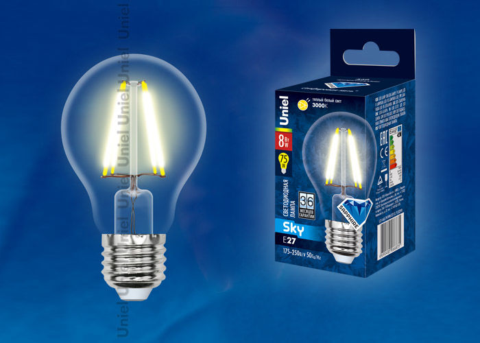 Лампа светодиодная LED-A60-8W/WW/E27/CL PLS02WH Uniel UL-00000198