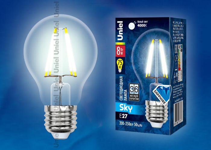 Лампа светодиодная LED-A60-8W/NW/E27/CL PLS02WH Uniel UL-00001372