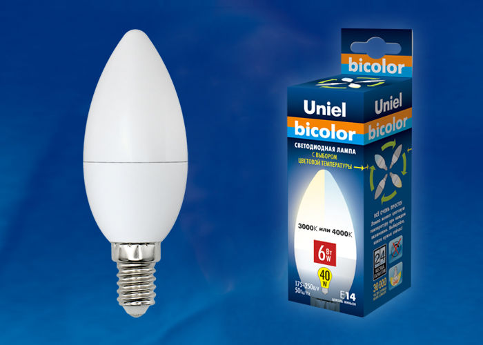 Лампы светодиодные LED-C37-6W/WW+NW/E14/FR PLB01WH картон Uniel
