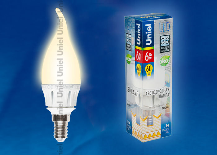 Лампа светодиодная LED-CW37-6W/WW/E14/FR ALM01WH пластик