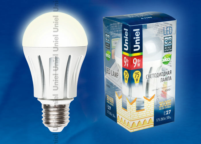 Лампа светодиодная LED-A60-9W/WW/E27/FR ALM01WH пластик
