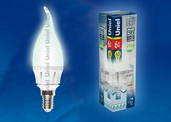 Лампа светодиодная LED-CW37-6W/NW/E14/FR ALM01WH пластик