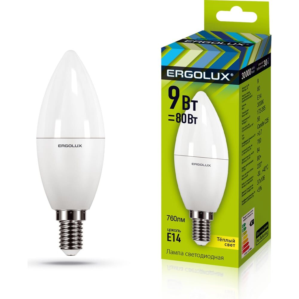 Электрическая светодиодная лампа Ergolux LED-C35-9W-E14-3K Свеча