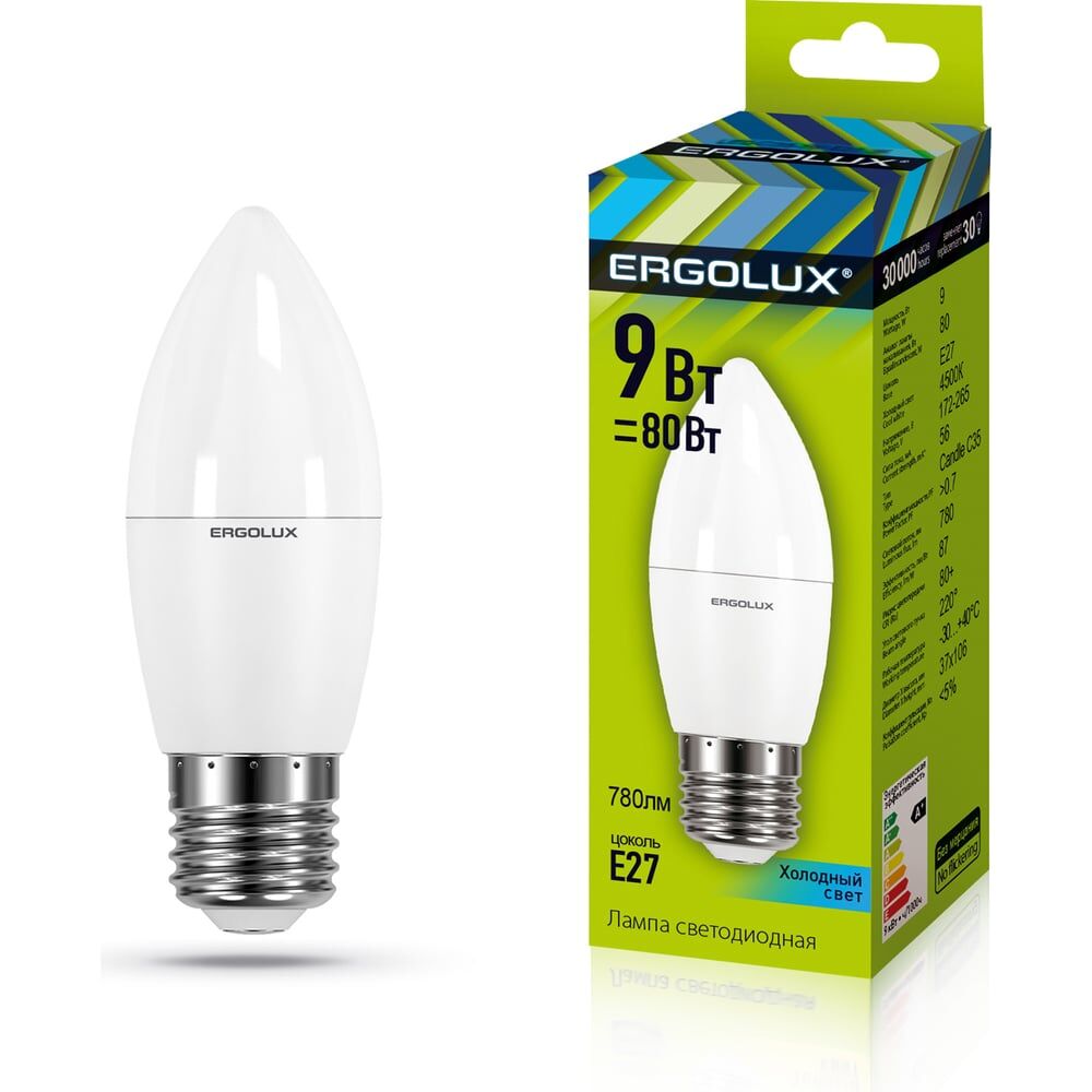 Электрическая светодиодная лампа Ergolux LED-C35-9W-E27-4K Свеча