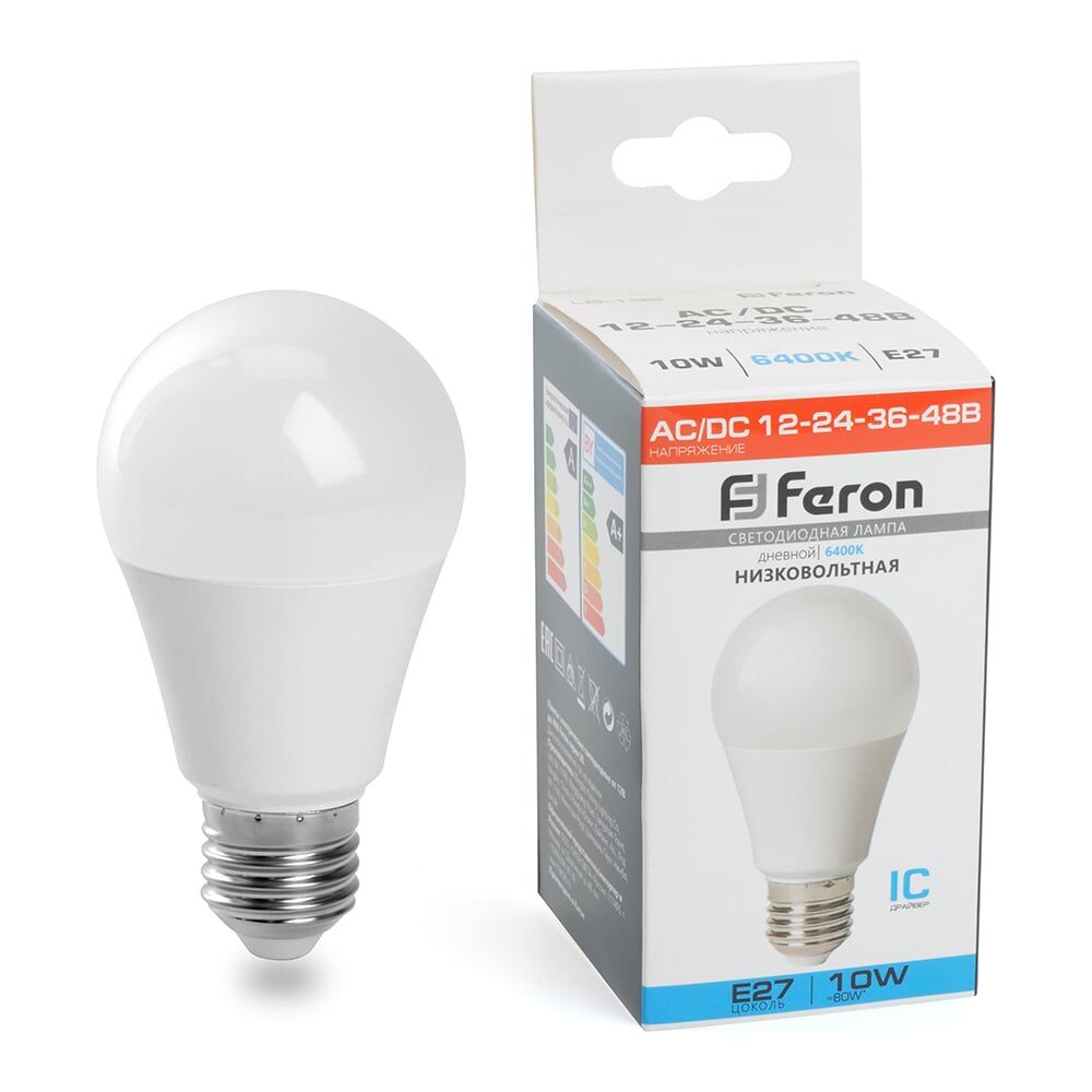 Светодиодная низковольтная лампа FERON (10W) 12-48V E27 6400K A60, LB-19