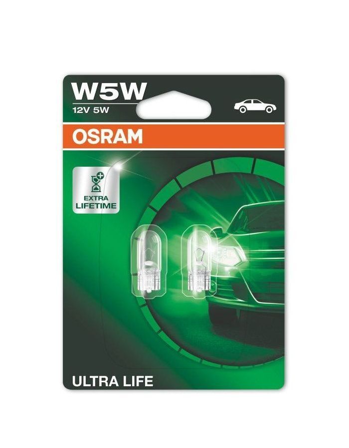 Лампа автомобильная OSRAM W5W (W2.1*9.5d) Ultra Life, 2шт, 12V/200, 2825ULT-2бл