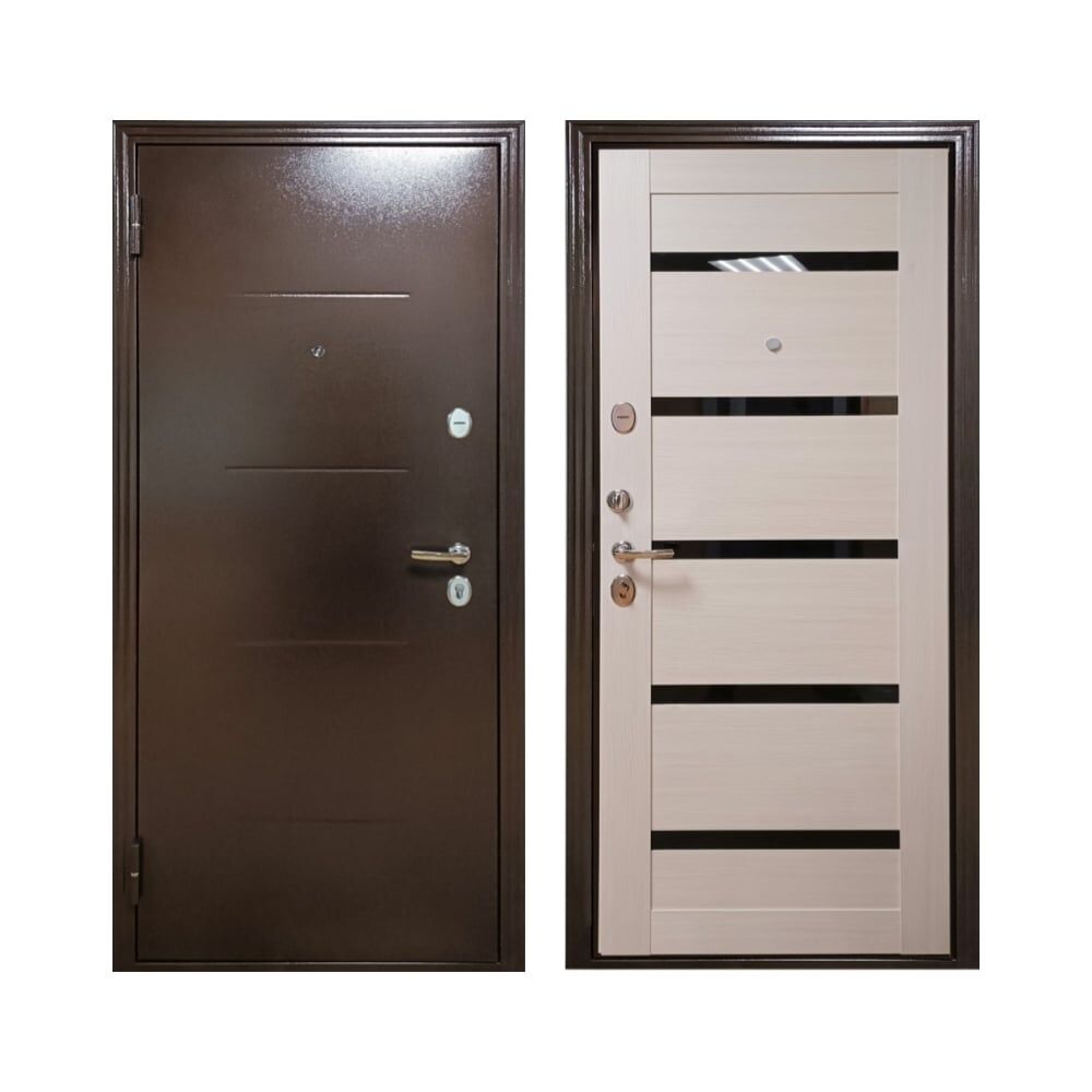 Входная дверь ООО ВДК ДМ Стандарт+ Антик медь/Царговая лиственница белая, черное стекло, 960х2050 мм, левая
