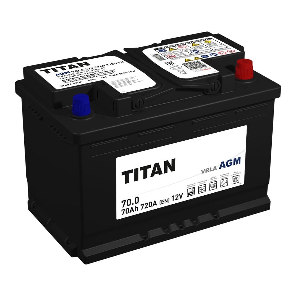 Аккумулятор TITAN AGM 70.0 VRLA, обратная полярность, 720А, 278x175x190 4610082702110
