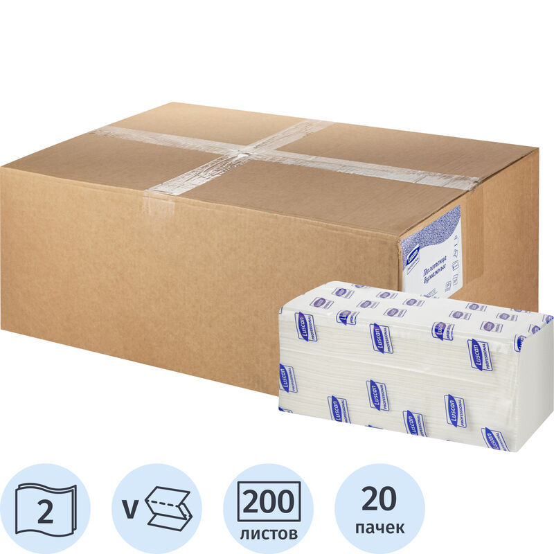 Полотенца бумажные листовые Luscan Professional V-сложения 2-слойные 20 пачек по 200 листов