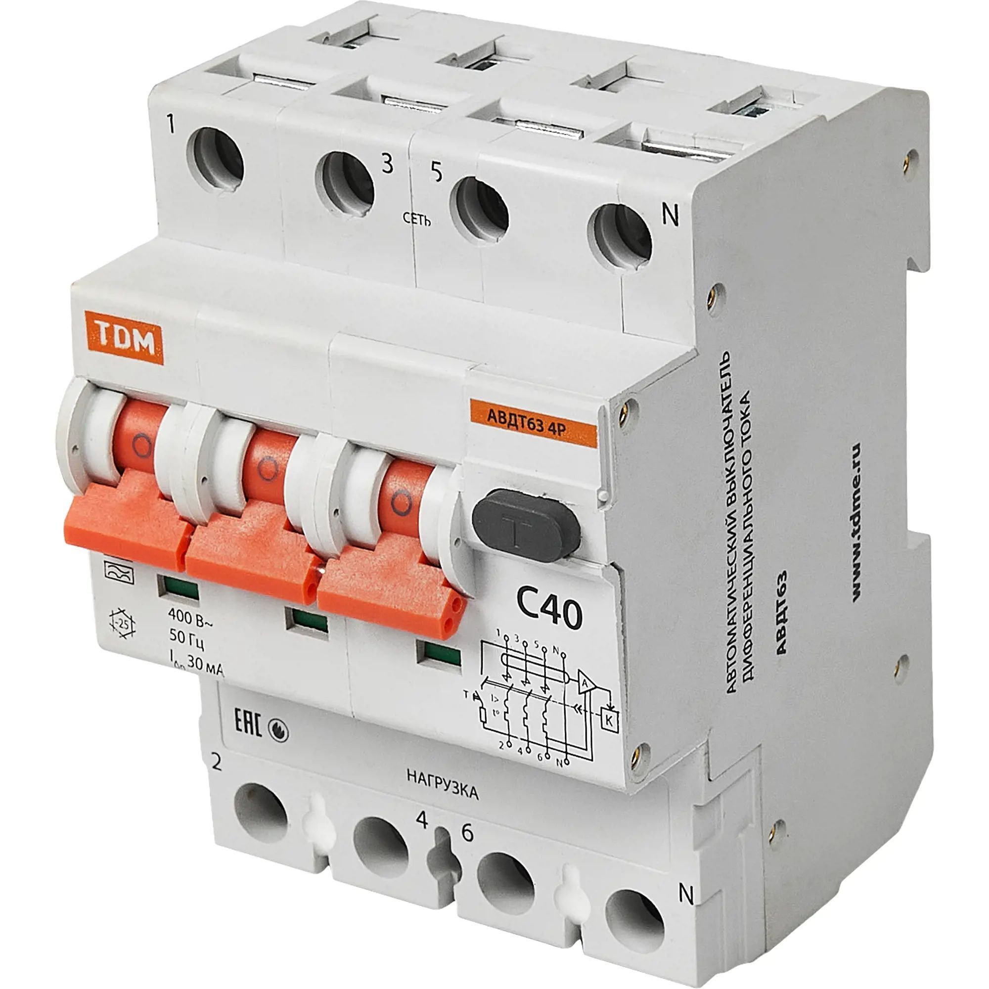 Автоматический выключатель АВДТ с защитой от сверхтоков АД14-42C63-АC-УХЛ4-КЭАЗ (4P, C63, 30mA)