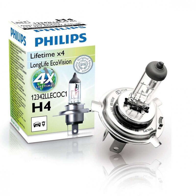 Лампа галогенная PHILIPS H4 LongLife EcoVision 12V 55W, 1шт, 12342LLECOC1 Philips