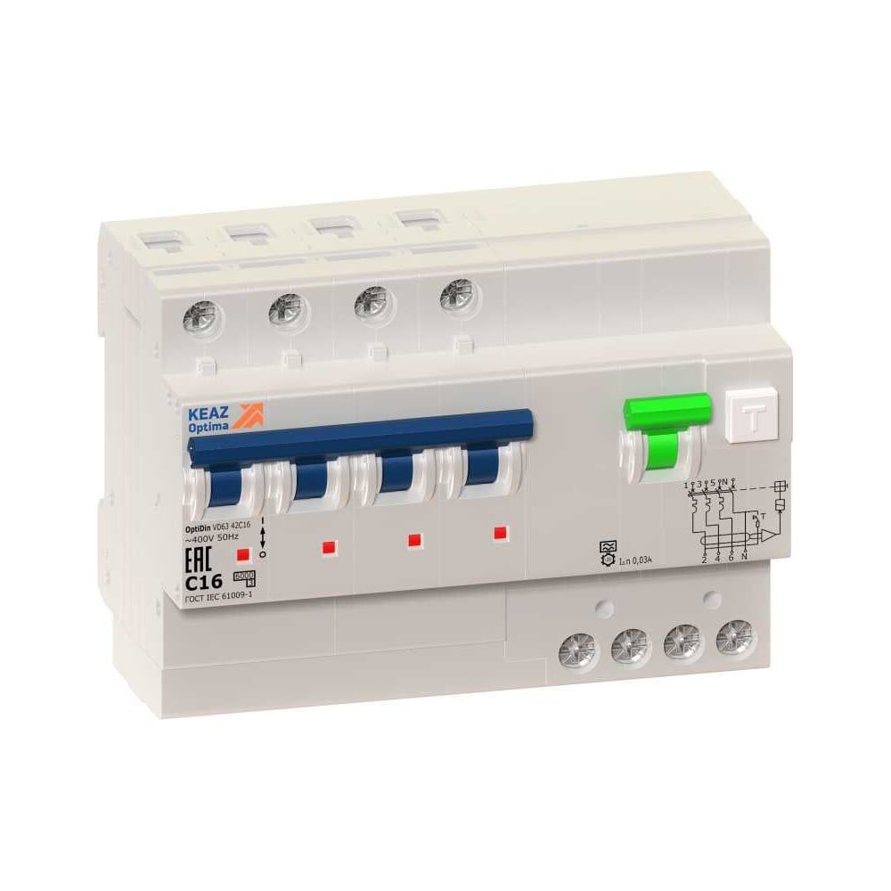 Автоматический выключатель дифференциального тока КЭАЗ 4п C 10А 30мА тип A 6кА OptiDin VD63 УХЛ4
