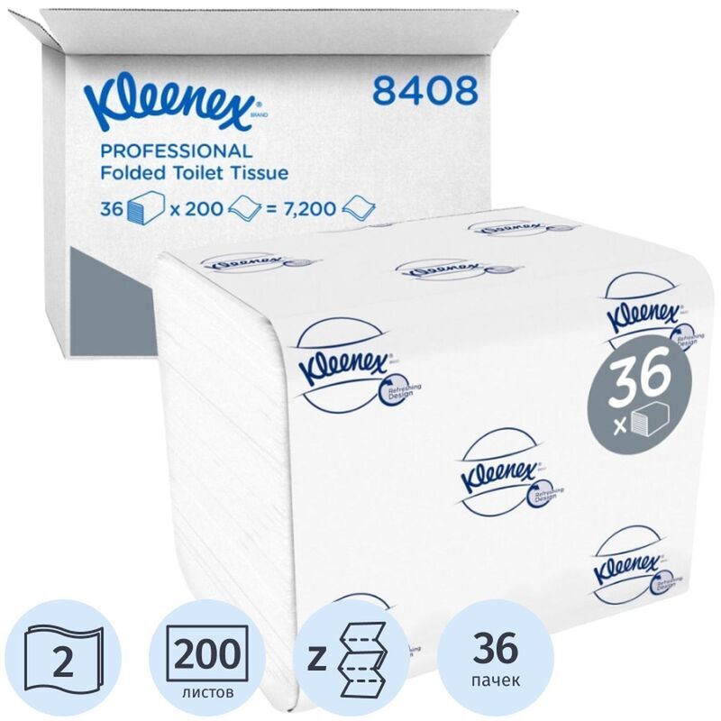 Бумага туалетная листовая KIMBERLY-CLARK Kleenex 2-слойная 36 пачек по 200 листов (артикул производителя 8408) Kimberly-