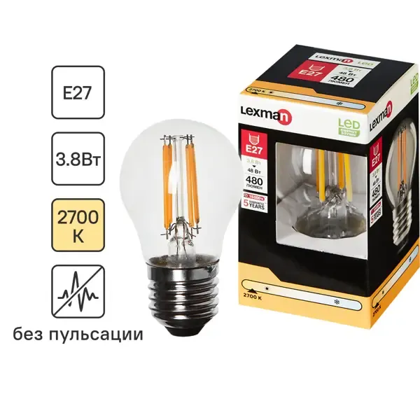 Лампа светодиодная Lexman E27 220-240 В 4 Вт шар прозрачная 400 лм теплый белый свет LEXMAN None
