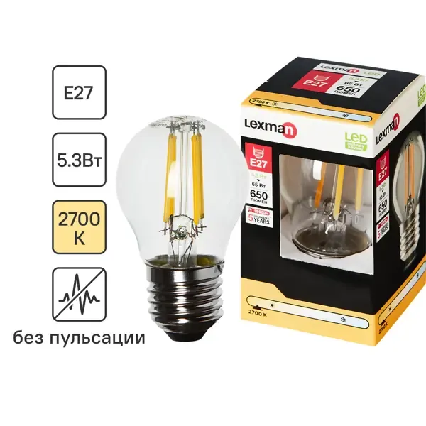 Лампа светодиодная Lexman E27 220-240 В 5 Вт шар прозрачная 600 лм теплый белый свет