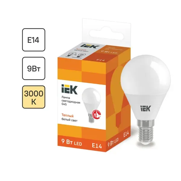 Лампа светодиодная IEK E14 175-250 В 9 Вт шар матовая 810 лм теплый белый свет ЛАМПА LED G45 ШАР 9ВТ 230В 3000К E14 IEK