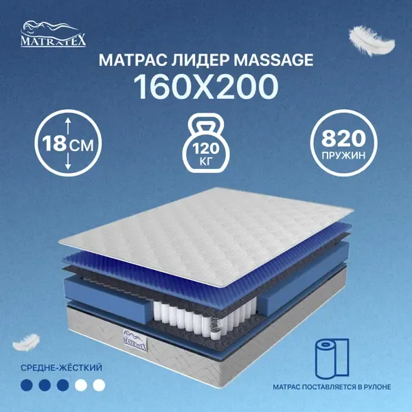 Матрас Matratex Лидер Massage 160x200 см, независимый пружинный блок, двуспальный