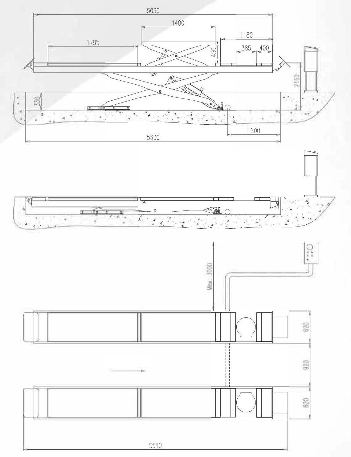 Velyen 4EE0600F Подъемник ножничный г/п 5000 кг., платформы гладкие с подъем. второго уровня 6