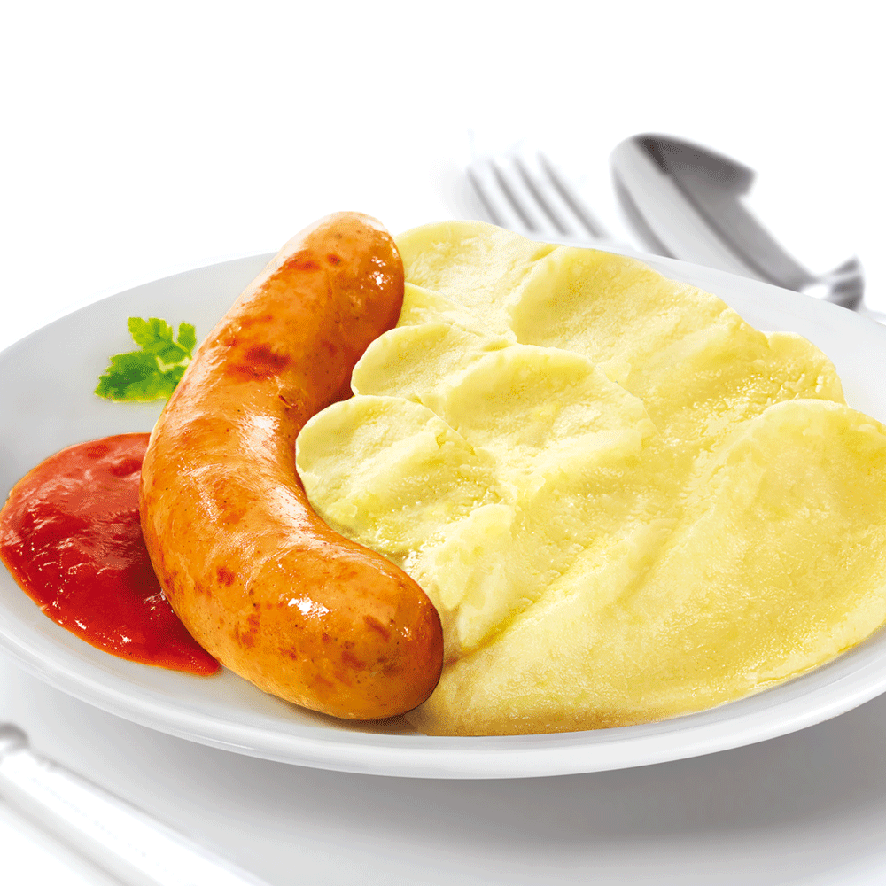 Колбаска «Мюнхенская» с картофельным пюре под соусом «Барбекю», «СытоЕдов», 300 г, готовое замороженное блюдо