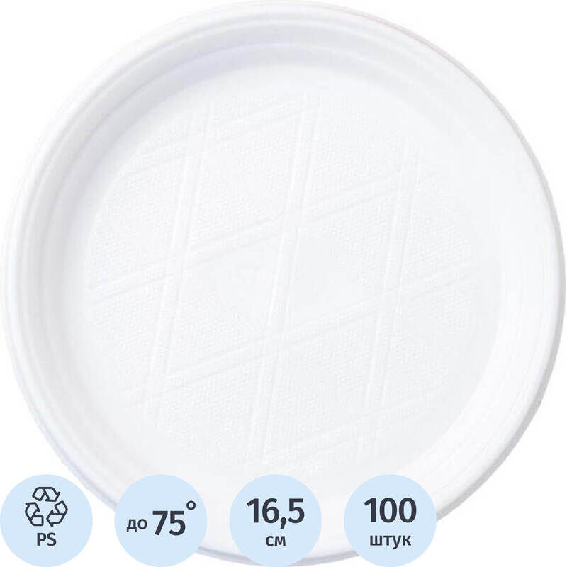 Тарелка одноразовая пластиковая Комус Стандарт 165 мм белая (100 штук в упаковке)