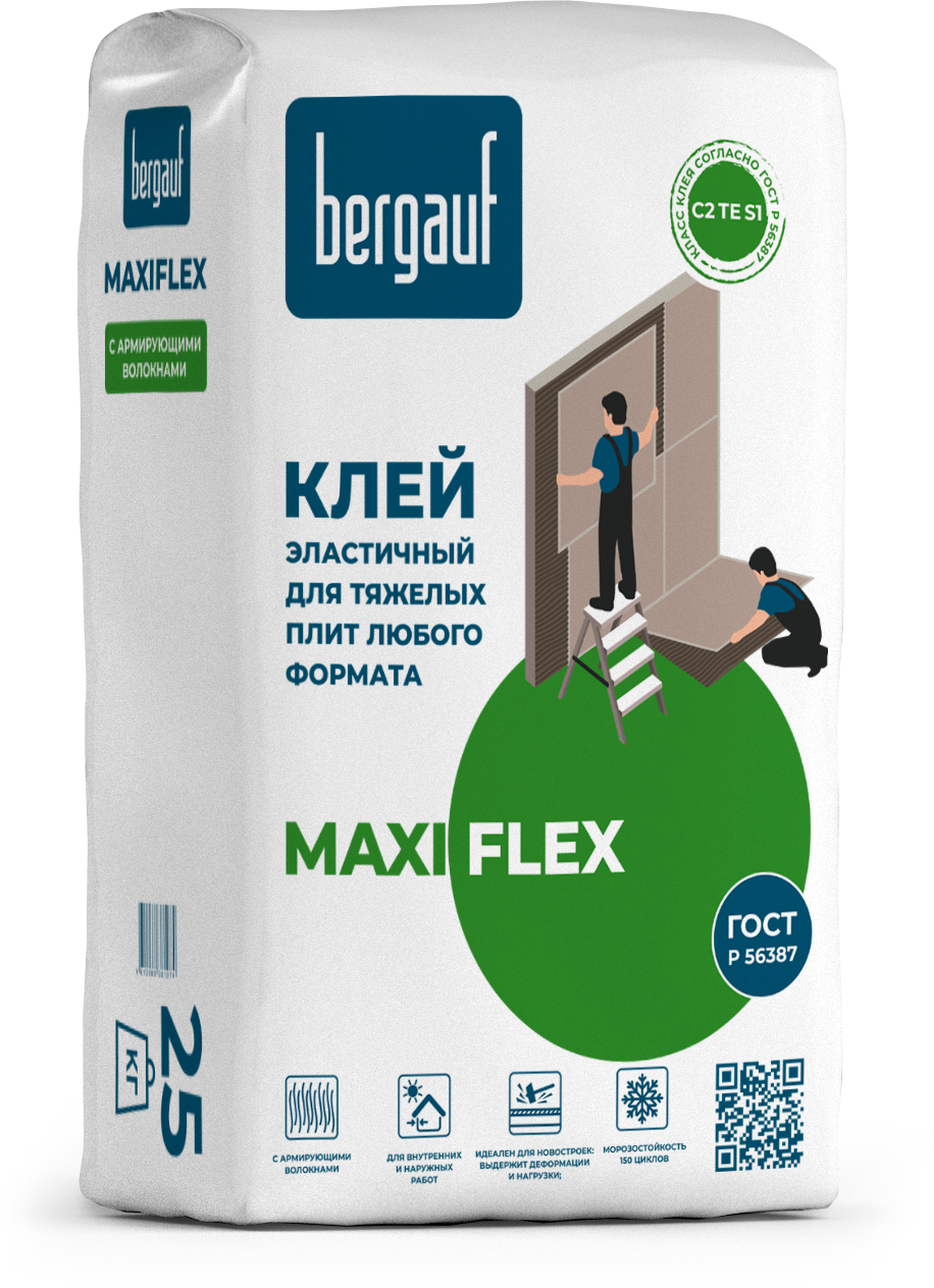 Клей плиточный BERGAUF MAXIFLEX - Высокоэластичный, наружные/внутренние работы, 25кг