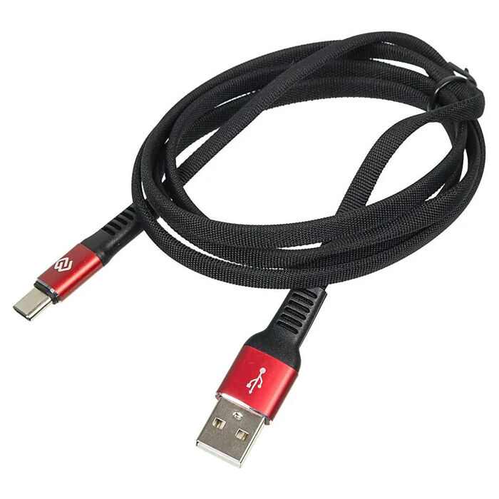 Кабель USB A - Type-C 1.2м Digma TYPE-C-1.2M-FLAT-BLK, черный/красный
