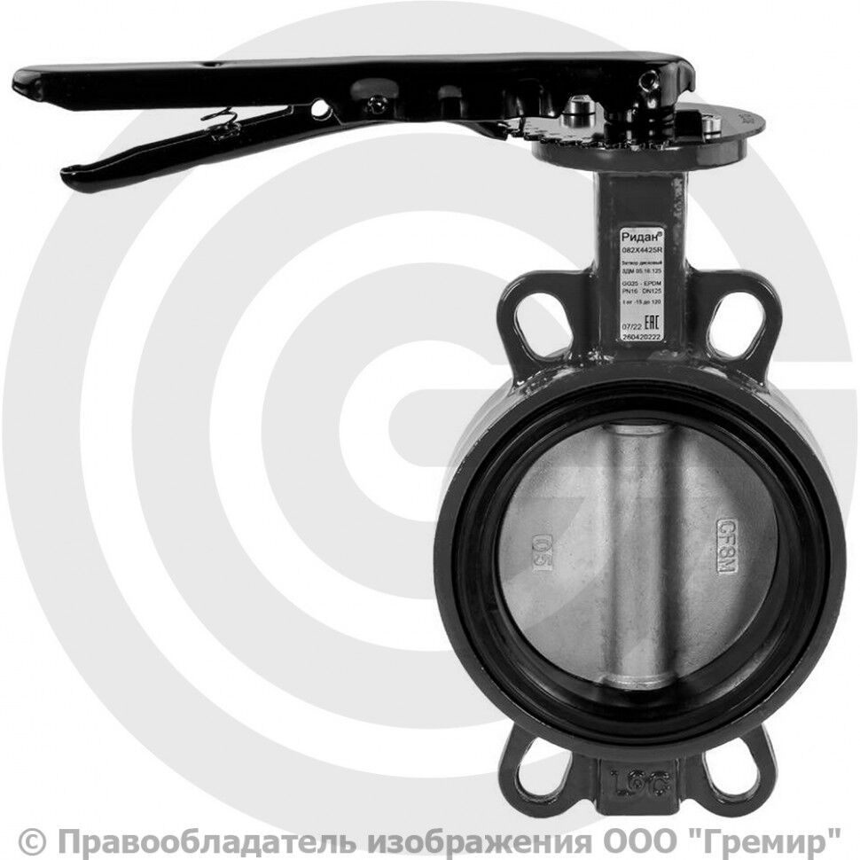 Затвор Ридан ЗДМ Ду-100 Ру-16 поворотный с чугунным диском с рукояткой EPDM