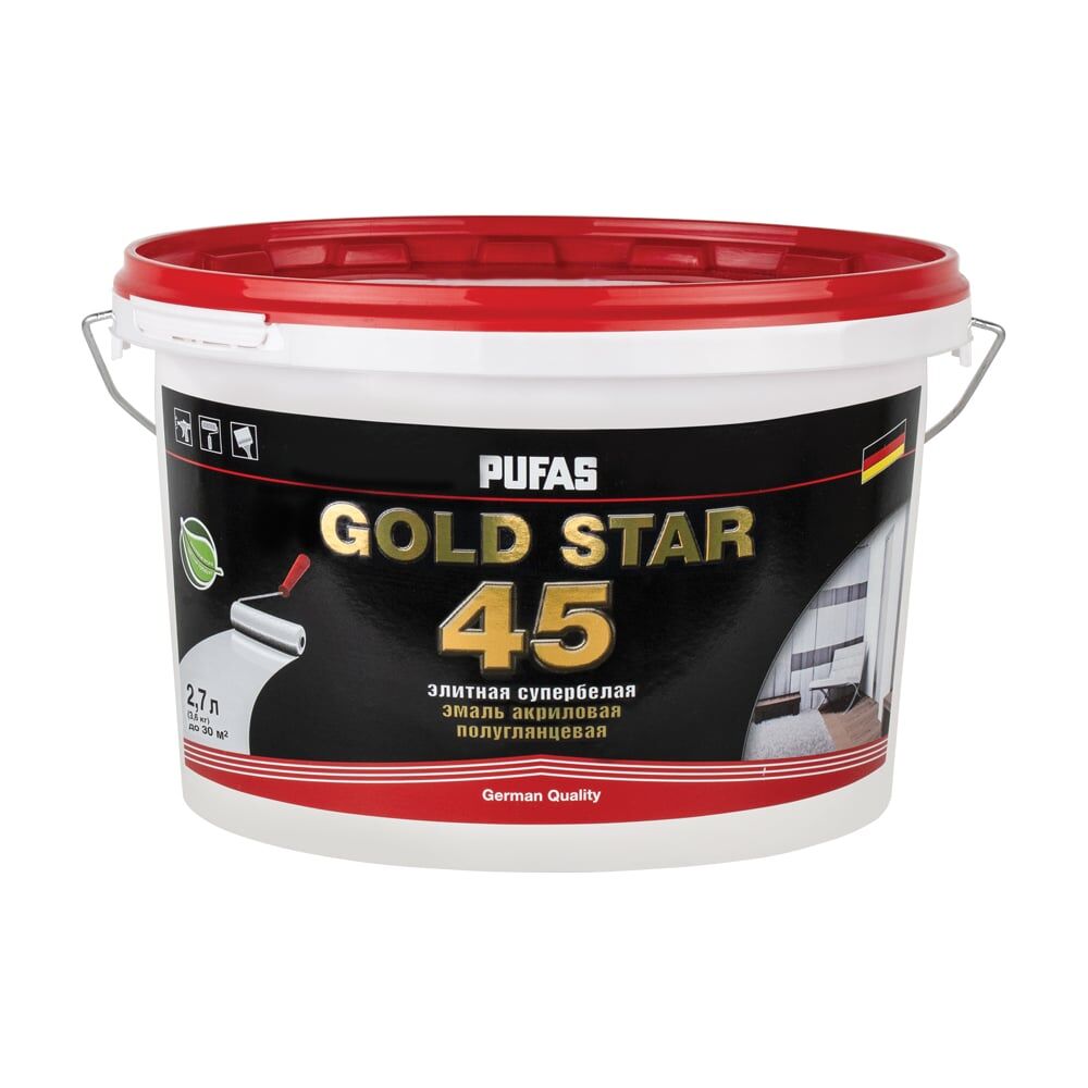 Акриловая эмаль Пуфас GOLD STAR 45 супербелая, полуглянцевая, морозостойкая, 2.7 л, 3.6 кг тов-141004 ПУФАС
