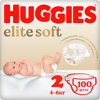 Подгузники Huggies Elite Soft для новорожденных 2, 4-6 кг, 100 шт. Elite Soft для новорожденных 2 4-6 кг 100 шт.